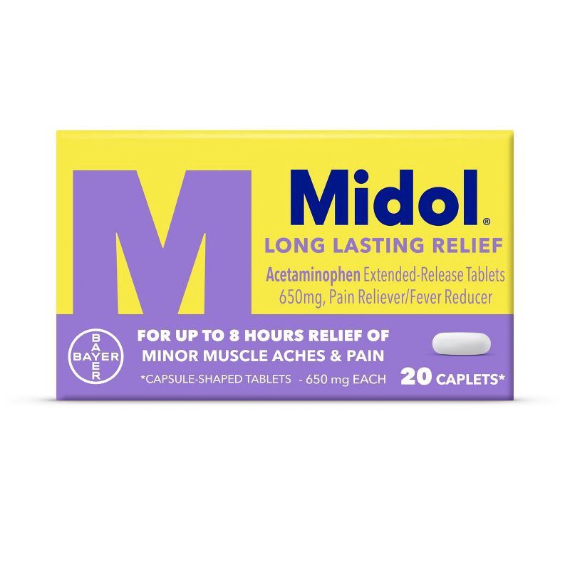 slide 1 of 6, Midol Menstrual Relief Long Lasting Pain Reliever Caplets with Acetaminophen for Menstrual Period Pain Symptoms - 20ct, 20 ct