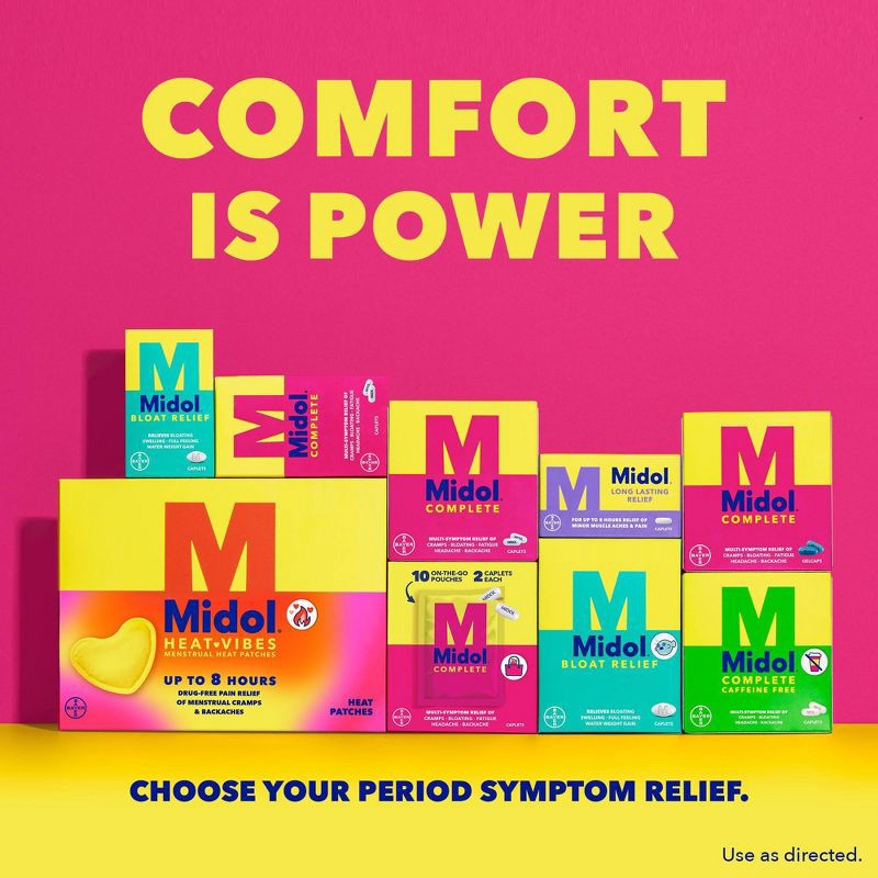 slide 9 of 12, Midol Menstrual Relief Long Lasting Pain Reliever Caplets with Acetaminophen for Menstrual Period Pain Symptoms - 20ct, 20 ct