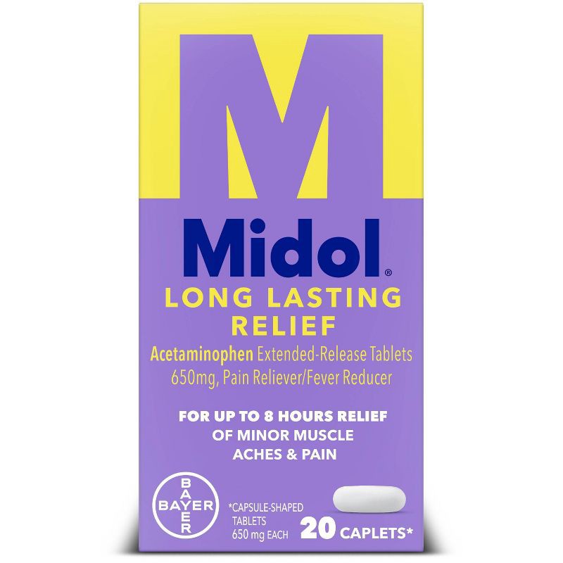 slide 1 of 12, Midol Menstrual Relief Long Lasting Pain Reliever Caplets with Acetaminophen for Menstrual Period Pain Symptoms - 20ct, 20 ct