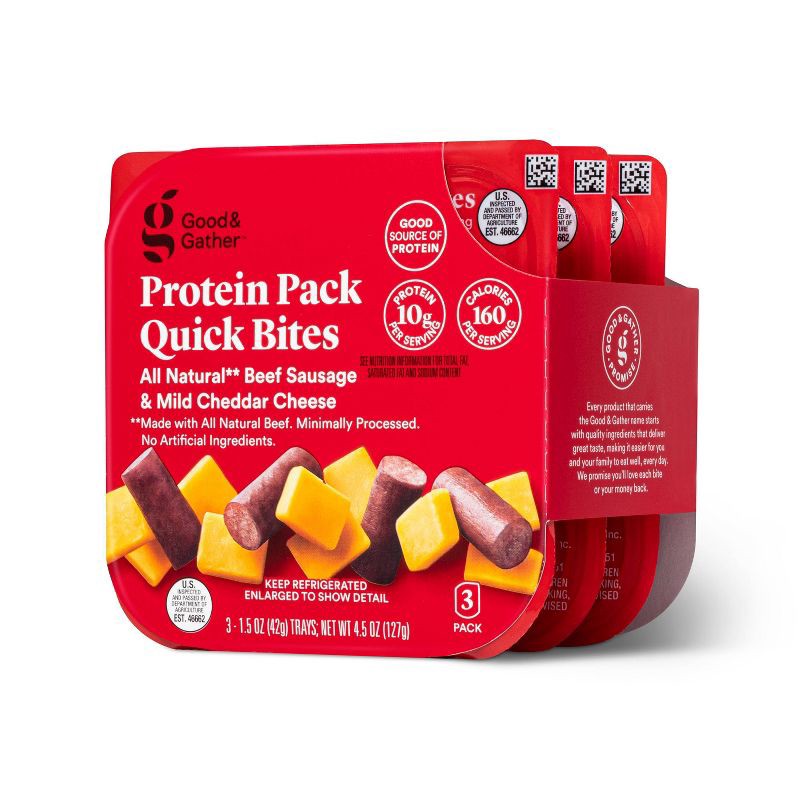 slide 4 of 5, Cheddar Cheese & Beef Sausage Protein Pack Quick Bite - 4.5oz/3ct - Good & Gather™, 3 ct; 4.5 oz