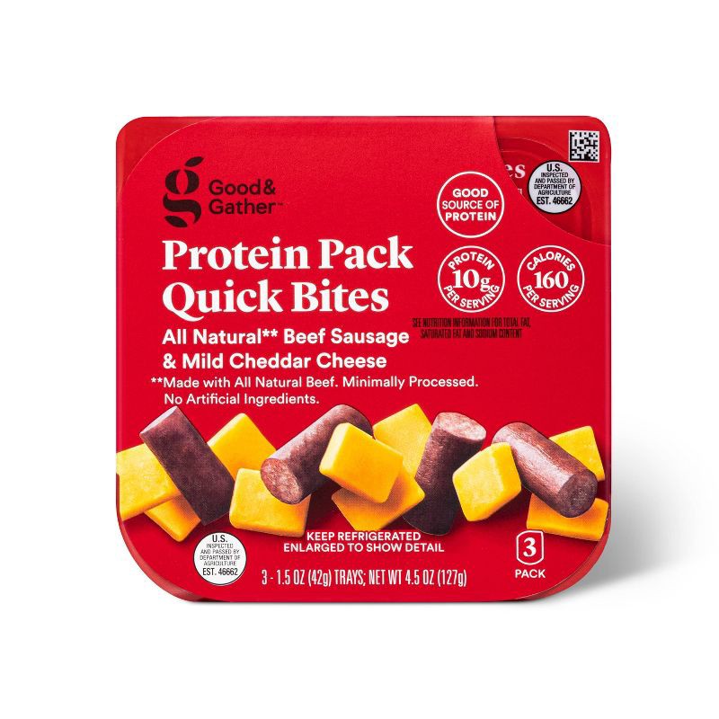 slide 1 of 4, Cheddar Cheese & Beef Sausage Protein Pack Quick Bite - 4.5oz/3ct - Good & Gather™, 3 ct; 4.5 oz