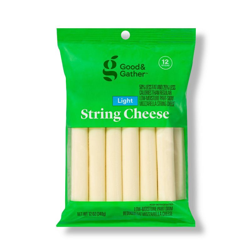 slide 1 of 4, Light Low-Moisture Part-Skim Mozzarella String Cheese - 12oz/12ct - Good & Gather™, 12 ct; 12 oz