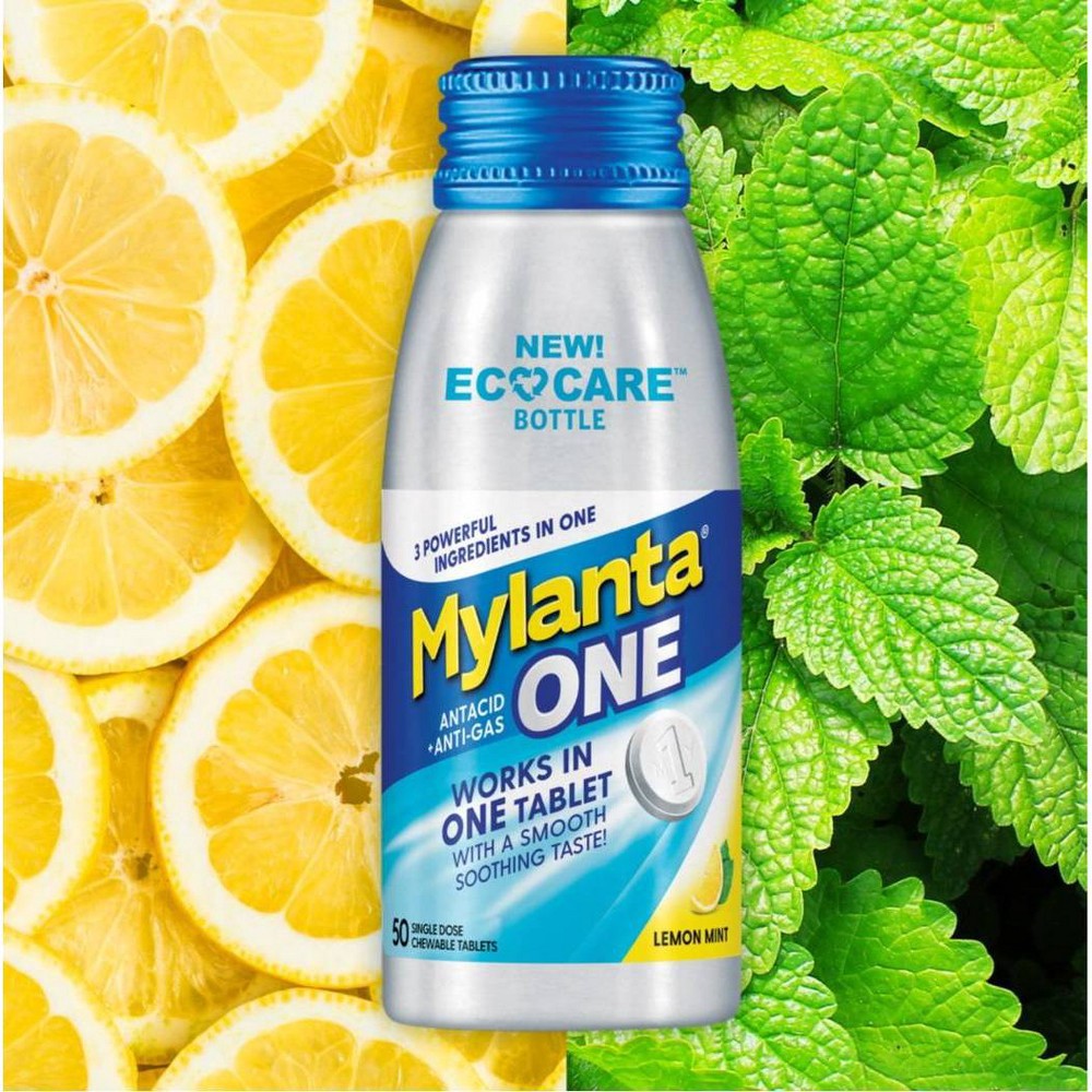 slide 3 of 7, Mylanta One Antacid + Anti-gas Eco Care Tablets - Lemon Mint - 50ct, 50 ct