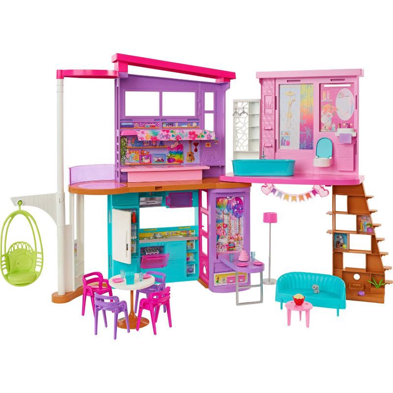 slide 1 of 6, Barbie Vacation House 42" Dollhouse Playset with 2 Levels, 6 Rooms, Elevator Swing & 30+ Pieces, 1 ct