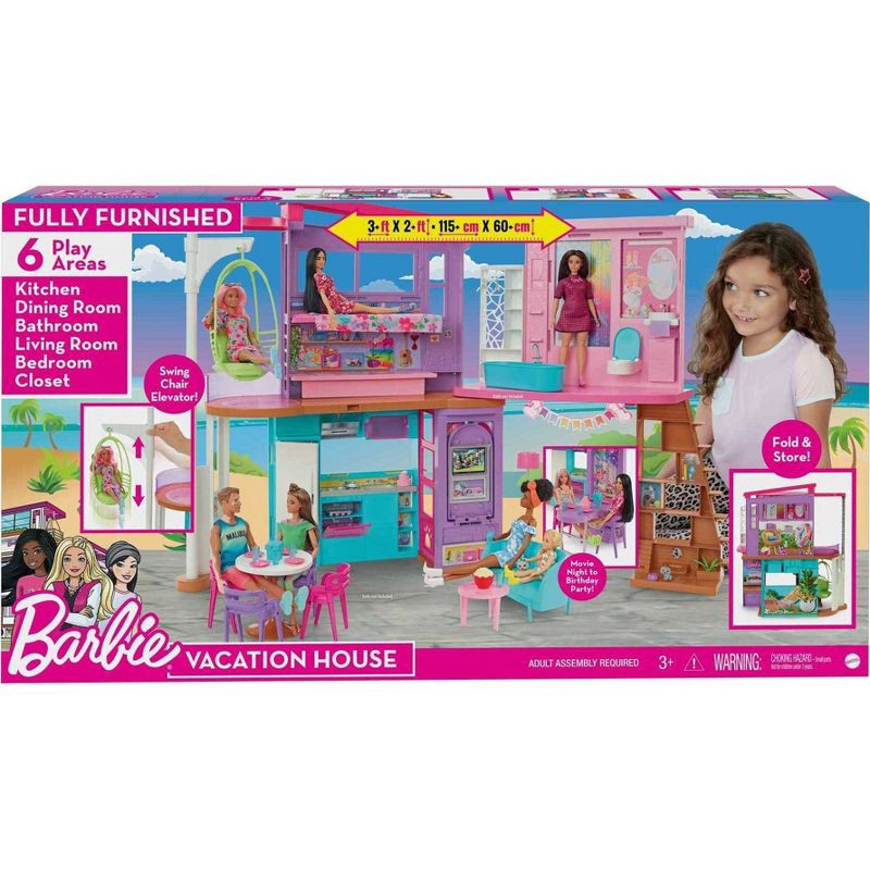 slide 6 of 6, Barbie Vacation House 42" Dollhouse Playset with 2 Levels, 6 Rooms, Elevator Swing & 30+ Pieces, 1 ct
