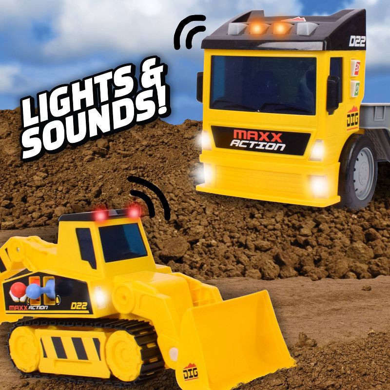 slide 2 of 6, Maxx Action 2-N-1 Mega Mover - Construction Truck and Trailer with Lights, Sounds and Motorized Drive: Toy Vehicle, Plastic, Battery-Powered, 1 ct
