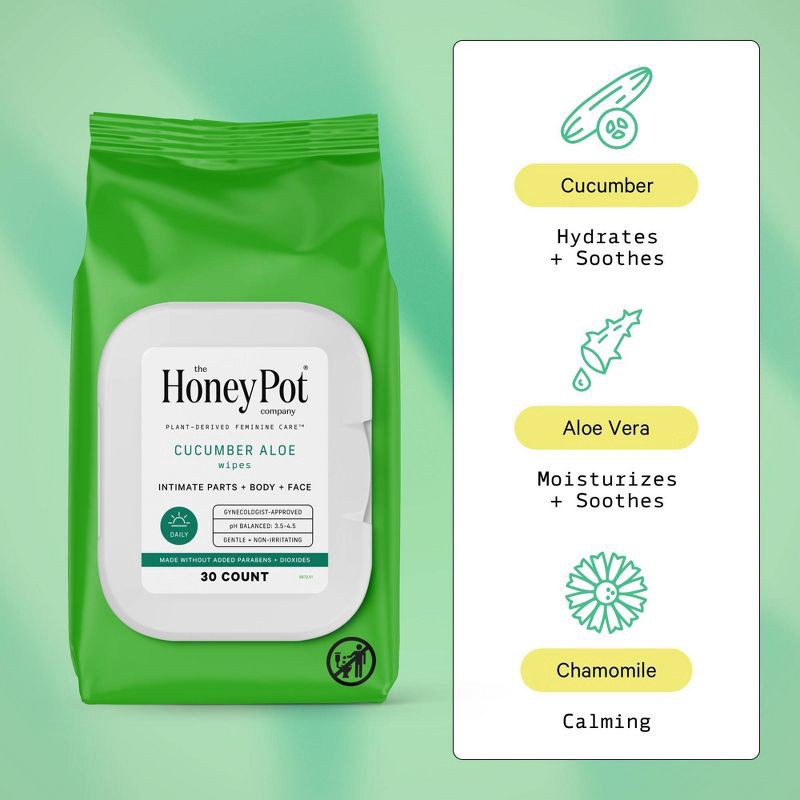 slide 4 of 9, The Honey Pot Company, Cucumber Aloe Feminine Cleansing Wipes, Intimate Parts, Body or Face - 30ct, 30 ct
