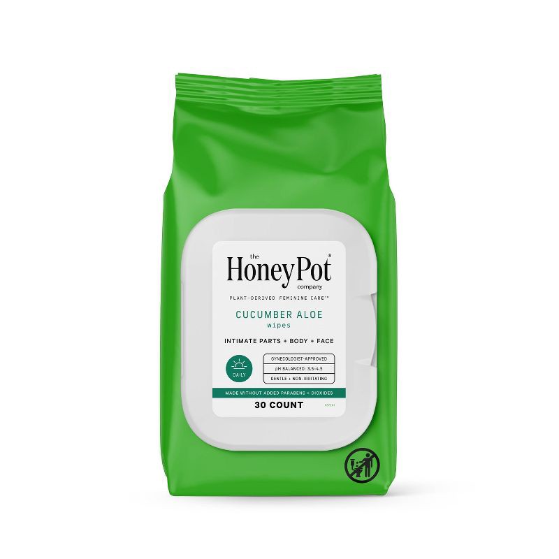 slide 1 of 9, The Honey Pot Company, Cucumber Aloe Feminine Cleansing Wipes, Intimate Parts, Body or Face - 30ct, 30 ct