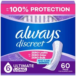 Always Discreet Incontinence and Postpartum Incontinence Pads for Women - Extra Heavy Absorbency - Long Length - 60ct