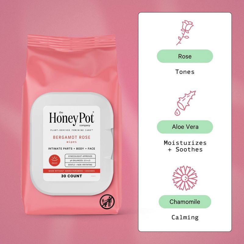slide 4 of 9, The Honey Pot Company The Honey Pot Bergamot Rose Wipes - 30ct, 30 ct