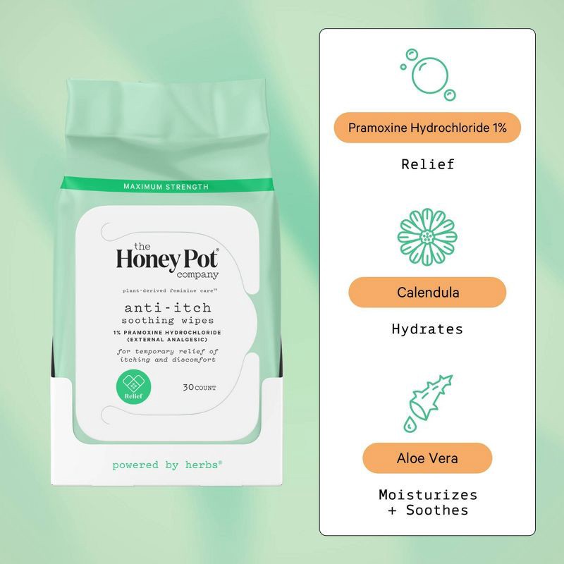 slide 4 of 8, The Honey Pot Company, Anti-Itch Soothing Wipes with 1% Pramoxine Hydrochloride - 30ct, 30 ct