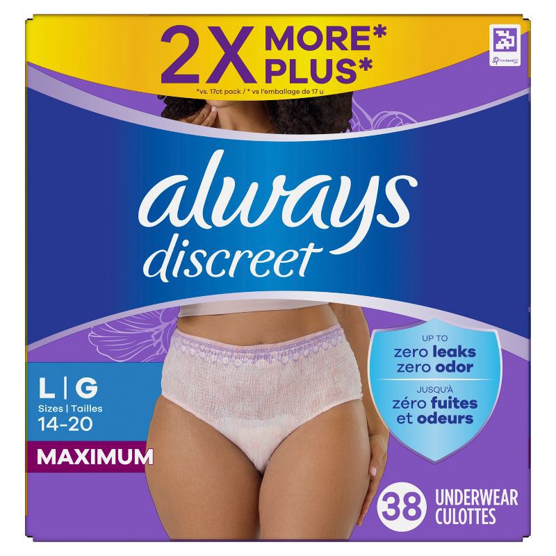 slide 2 of 10, Always Discreet Adult Postpartum Incontinence Underwear for Women - Maximum Protection - Large - 38ct, 38 ct