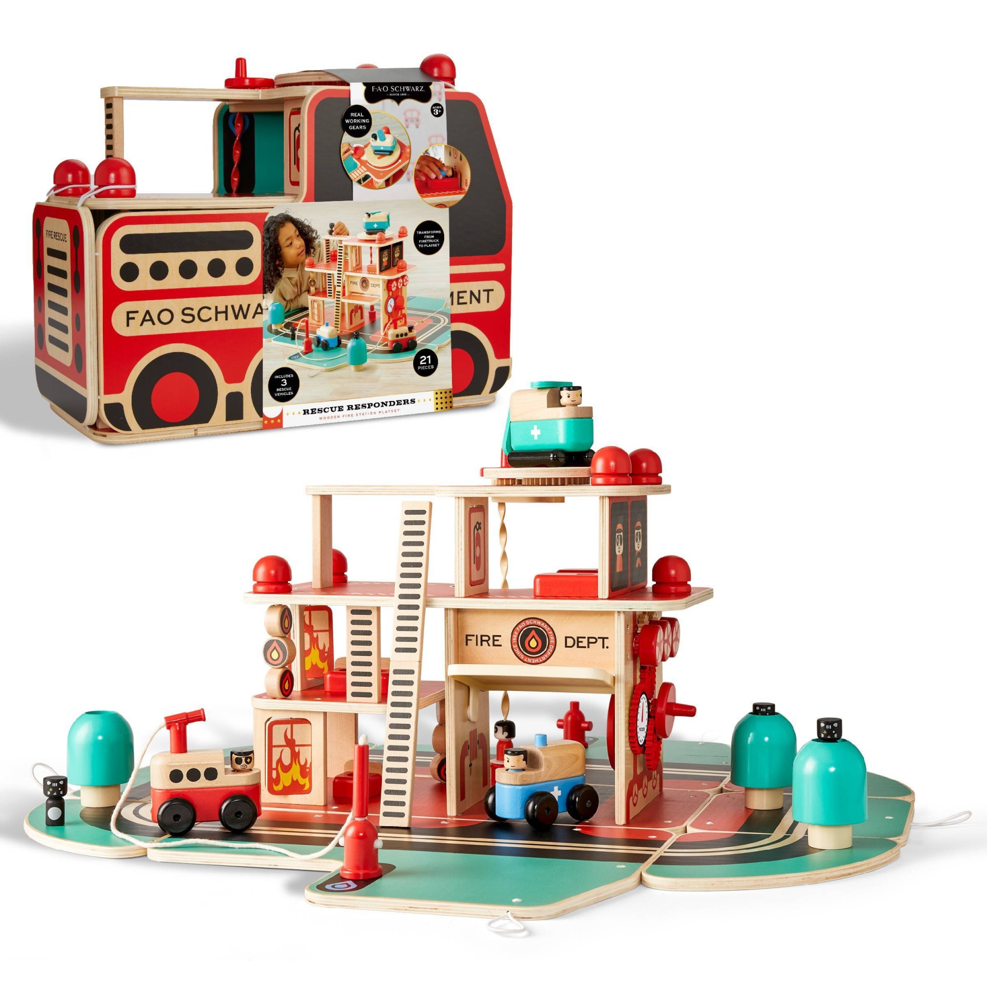 FAO Schwarz Rescue Responders Wooden Fire Station Playset - 21pcs 21 ct ...