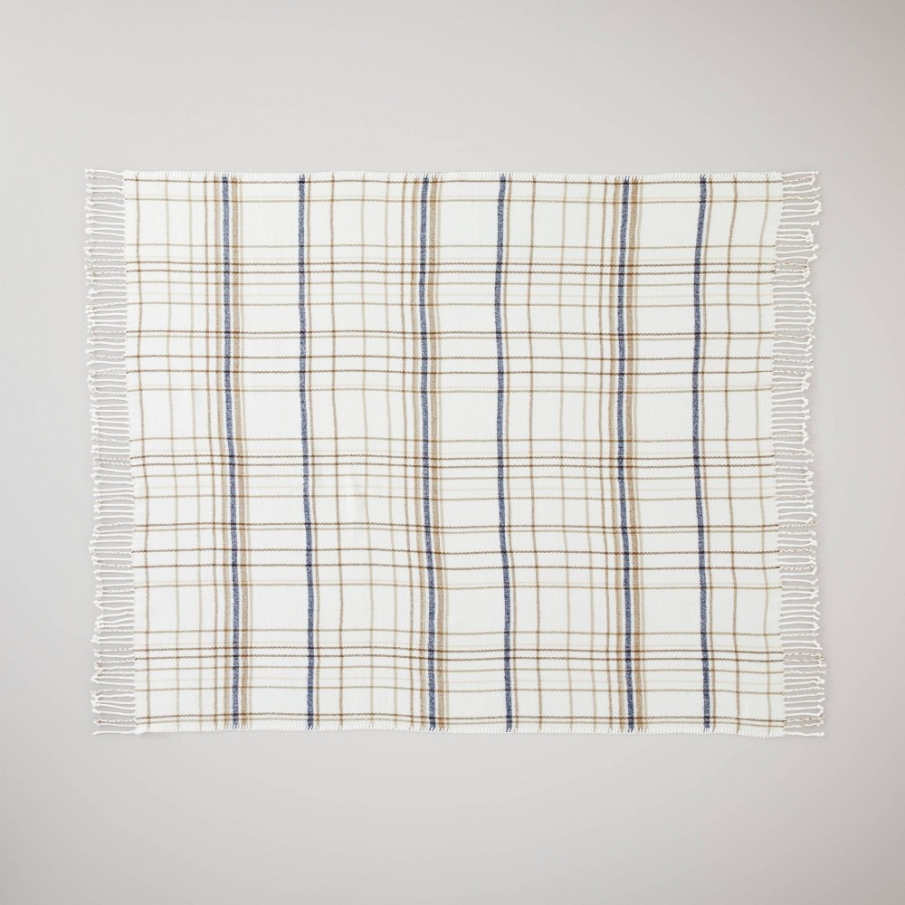 slide 2 of 4, Thin Stripe Plaid with Twisted Fringe Throw Blanket Cream/Navy/Brown - Hearth & Hand with Magnolia, 1 ct