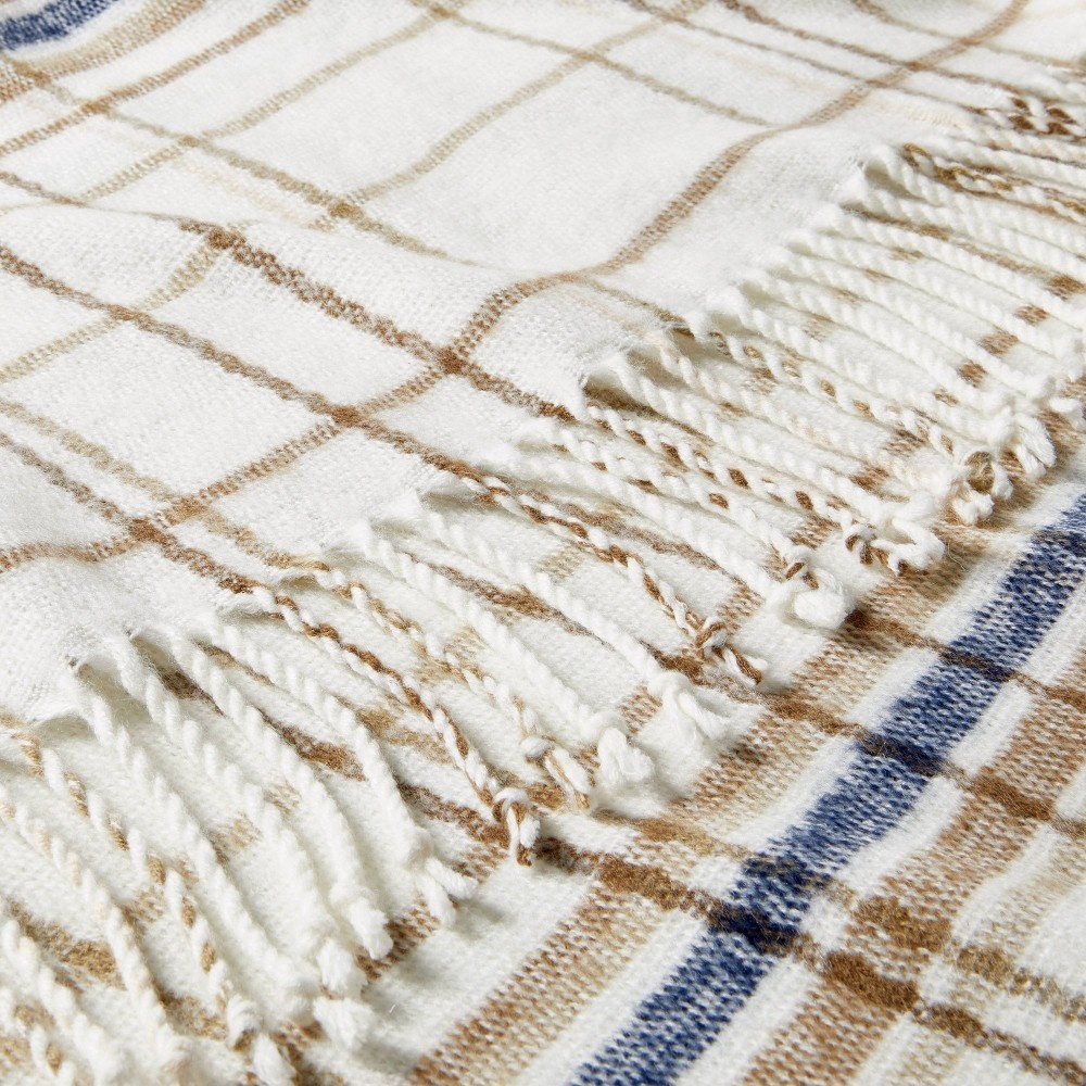 slide 4 of 4, Thin Stripe Plaid with Twisted Fringe Throw Blanket Cream/Navy/Brown - Hearth & Hand with Magnolia, 1 ct