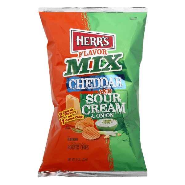 slide 1 of 1, Herr's Flavor Mix Cheddar and Sour Cream & Onion Chips, 9 oz