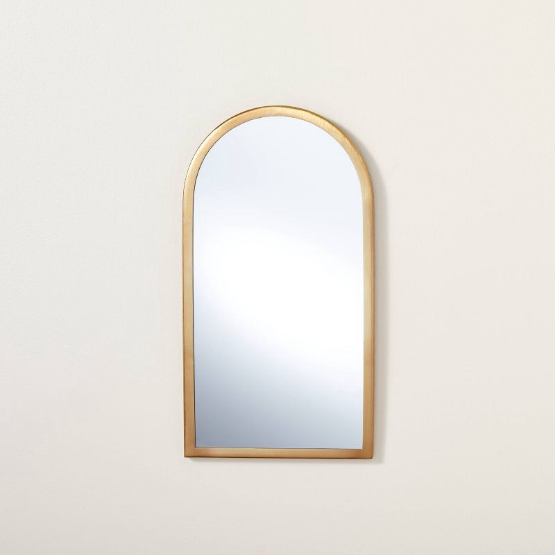 slide 1 of 4, Hearth & Hand with Magnolia Arched 8" x 16" Metal Frame Wall Mirror Brass Finish - Hearth & Hand™ with Magnolia, 1 ct