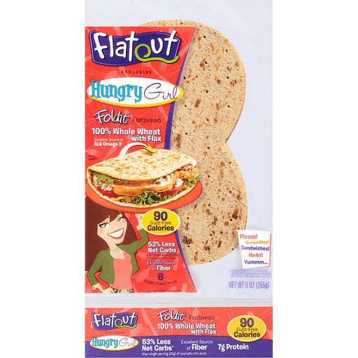 slide 1 of 3, Flatout Hungry Girl Foldit Flatbread, 100% Whole Wheat With Flax, 5 ct; 9 oz