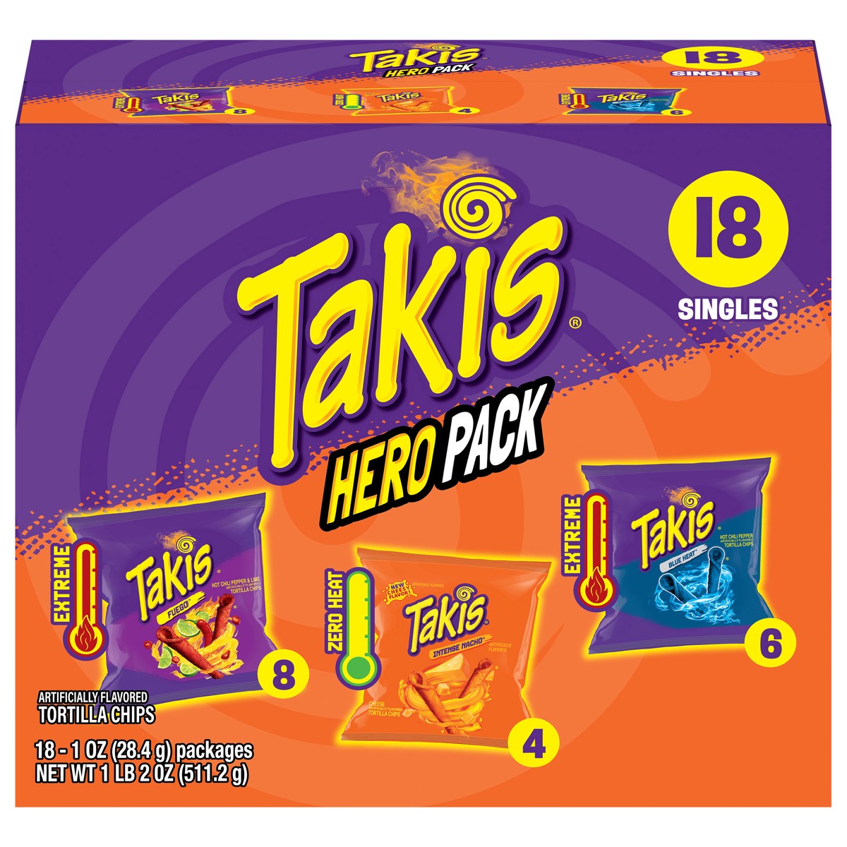 slide 1 of 7, Takis Extreme/Zero Heat Fuego/Intense Nacho/Blue Heat Tortilla Chips Hero Pack 18 - 1 oz Packages, 18 ct