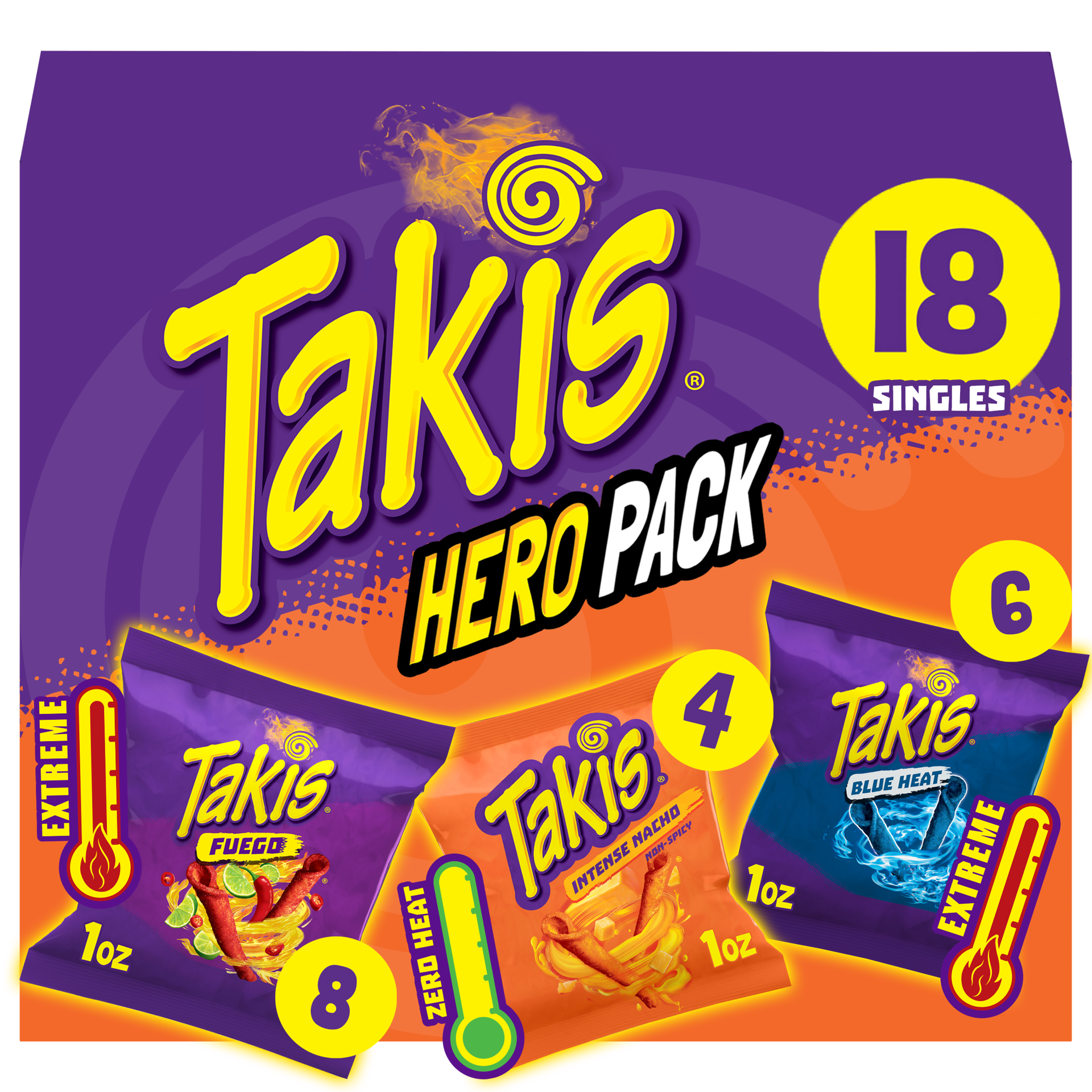 slide 1 of 7, Takis Fuego, Blue Heat, Intense Nacho Tortilla Chips Hero Pack, 18 x 1 oz Packages, 18 ct