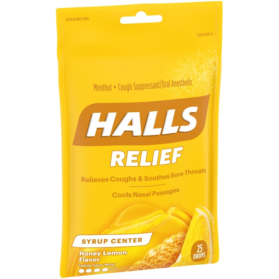 slide 3 of 7, Halls Honey Lemon Cough Suppressant/Oral Anesthetic Menthol Drops, 25 ct