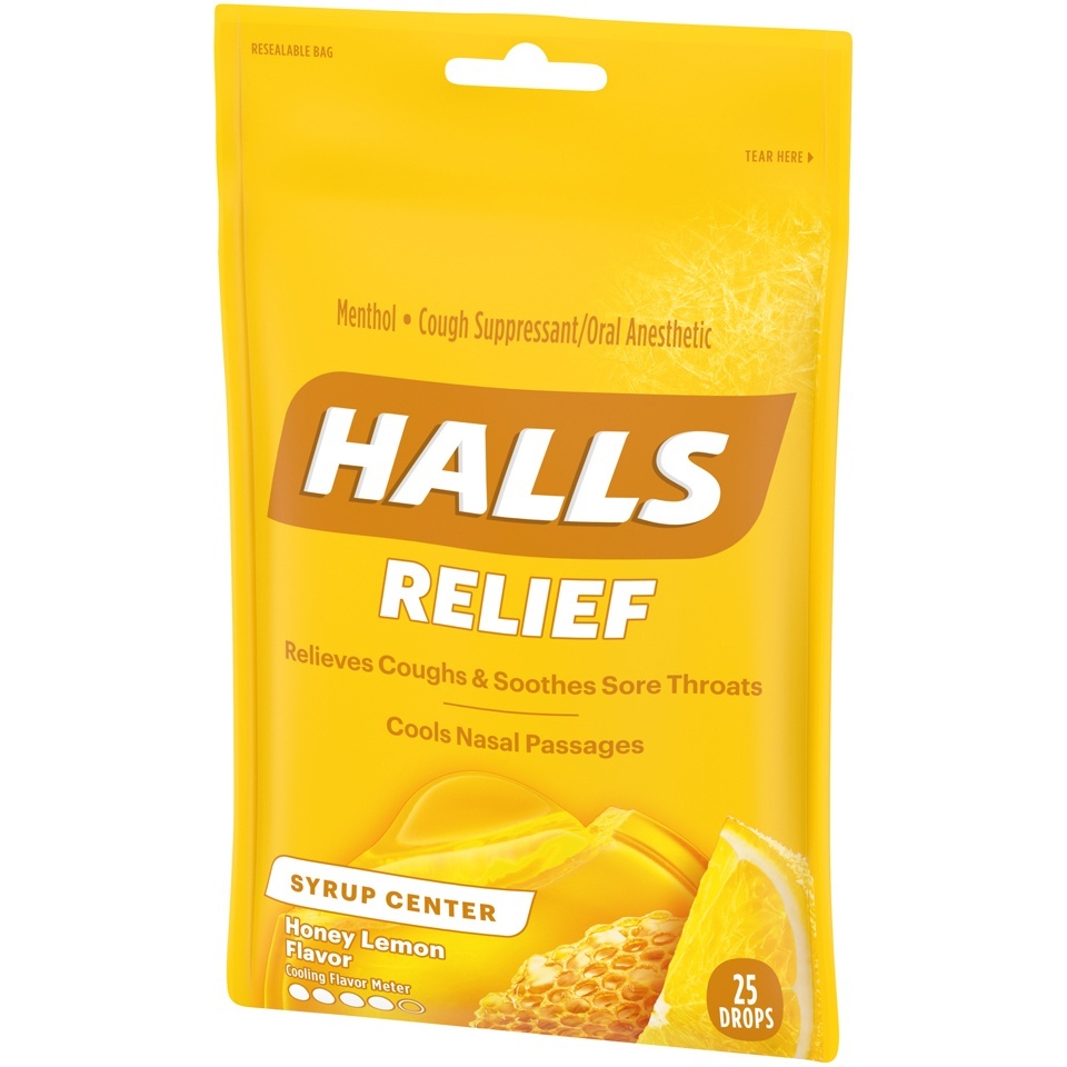 slide 4 of 7, Halls Honey Lemon Cough Suppressant/Oral Anesthetic Menthol Drops, 25 ct