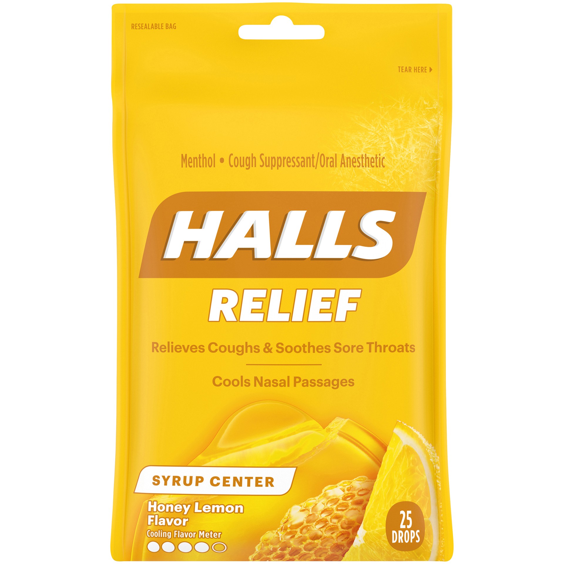 slide 3 of 6, HALLS Relief Syrup Center Honey Lemon Flavor Cough Drops, Syrup Center, 1 Bag (25 Total Drops), 0.20 lb