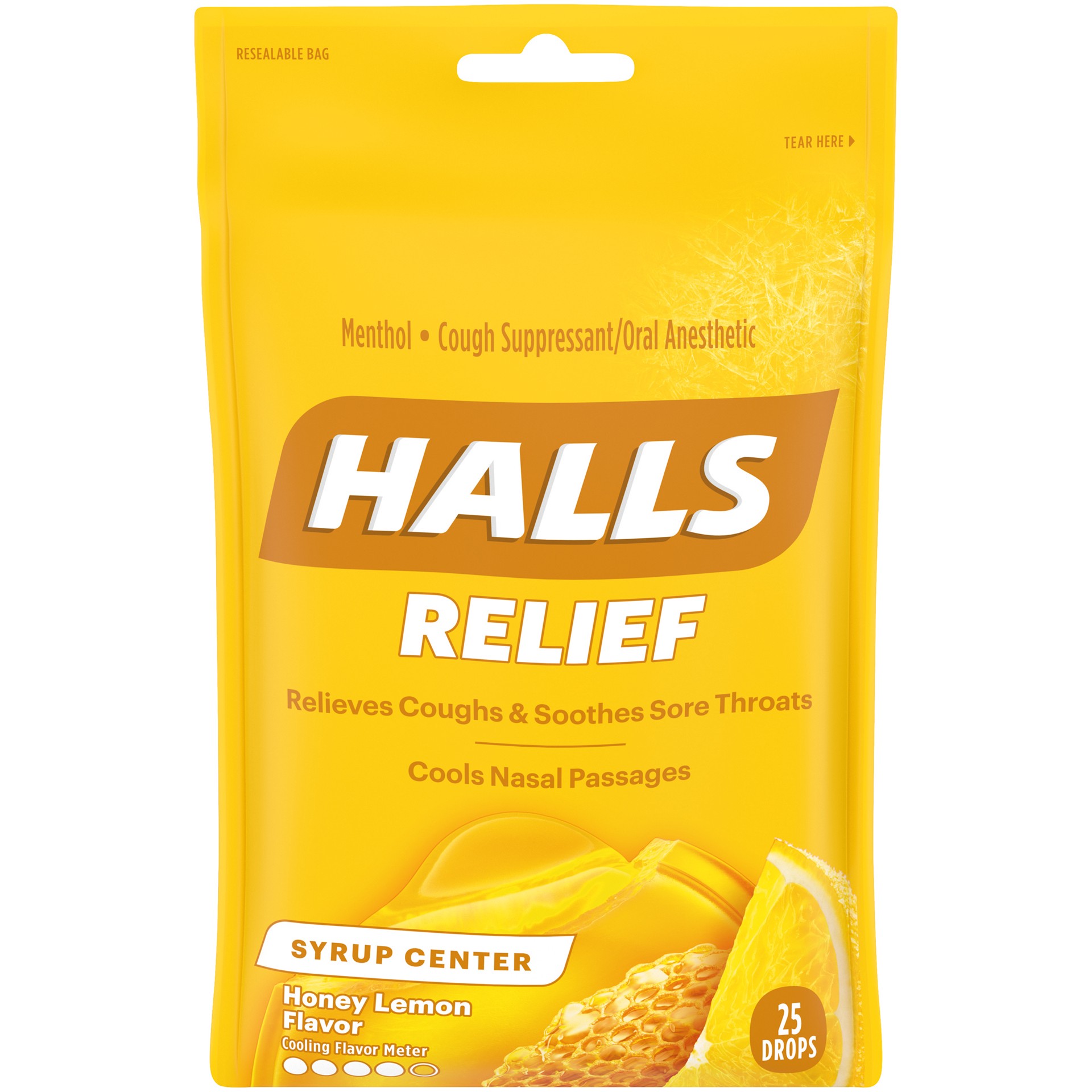 slide 1 of 6, HALLS Relief Syrup Center Honey Lemon Flavor Cough Drops, Syrup Center, 1 Bag (25 Total Drops), 0.20 lb