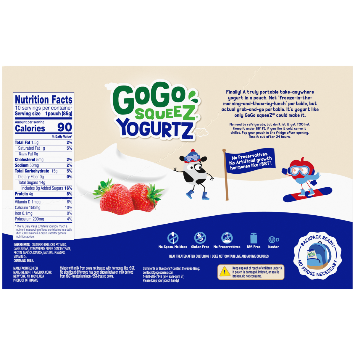 slide 2 of 2, GoGo squeeZ yogurtZ Low fat Strawberry Yogurt Snack Pouches, 3 oz (10 Pack), 10 ct