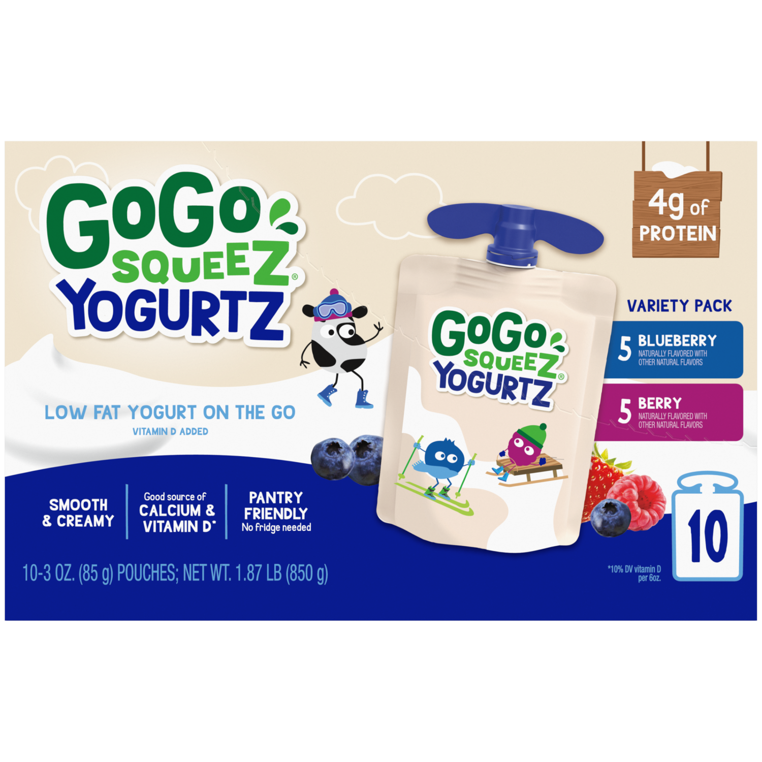 slide 1 of 2, GoGo squeeZ YogurtZ Variety Pack, Blueberry and Berry Made with 100% Real Milk, 3 oz Pouches (10 Pack), 10 ct