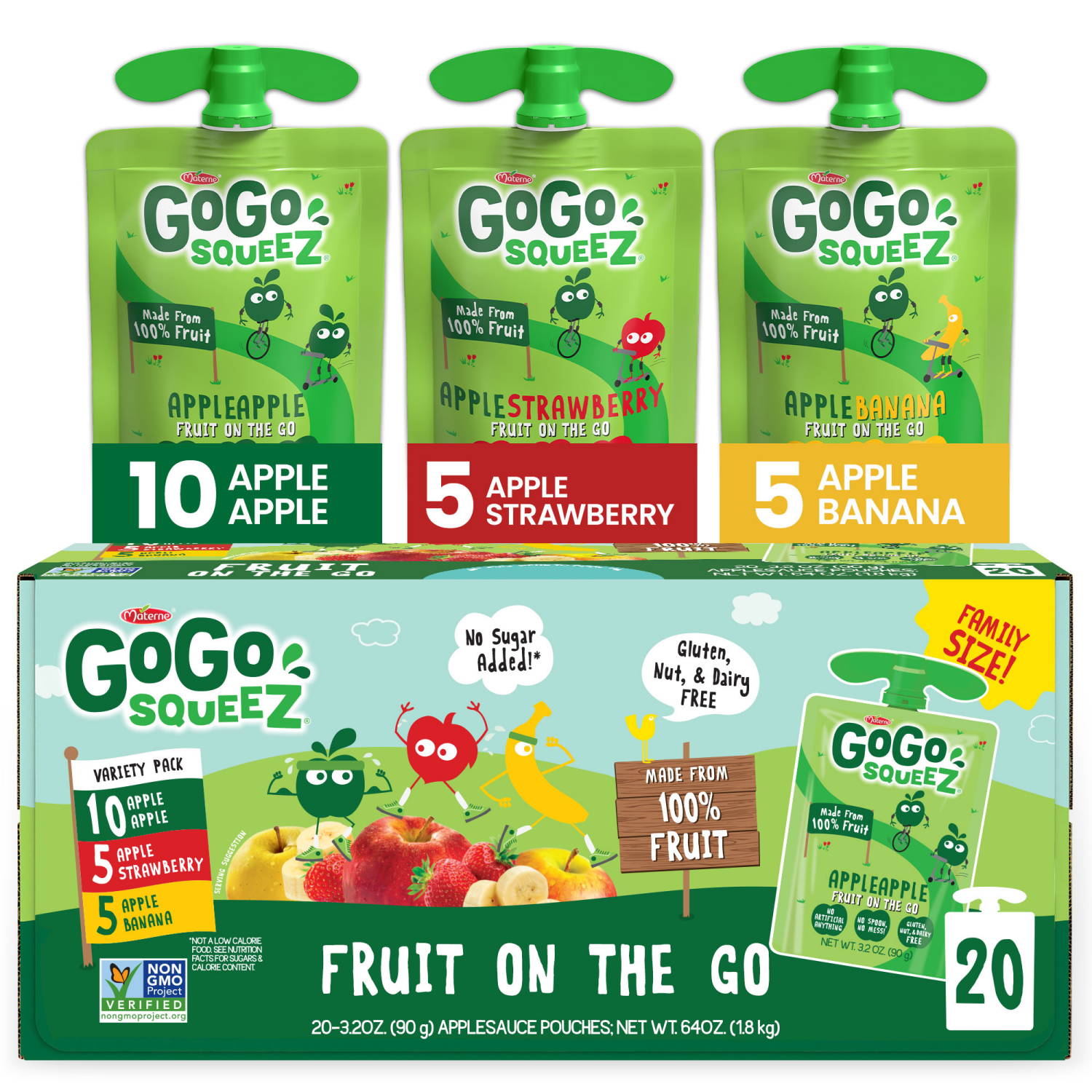 slide 1 of 7, GoGo squeeZ Applesauce & Fruit Puree, Apple, Banana, Strawberry Variety Pack (20 Pk), 20 ct