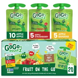GoGo squeeZ Applesauce & Fruit Puree, Apple, Banana, Strawberry Variety Pack (20 Pk)