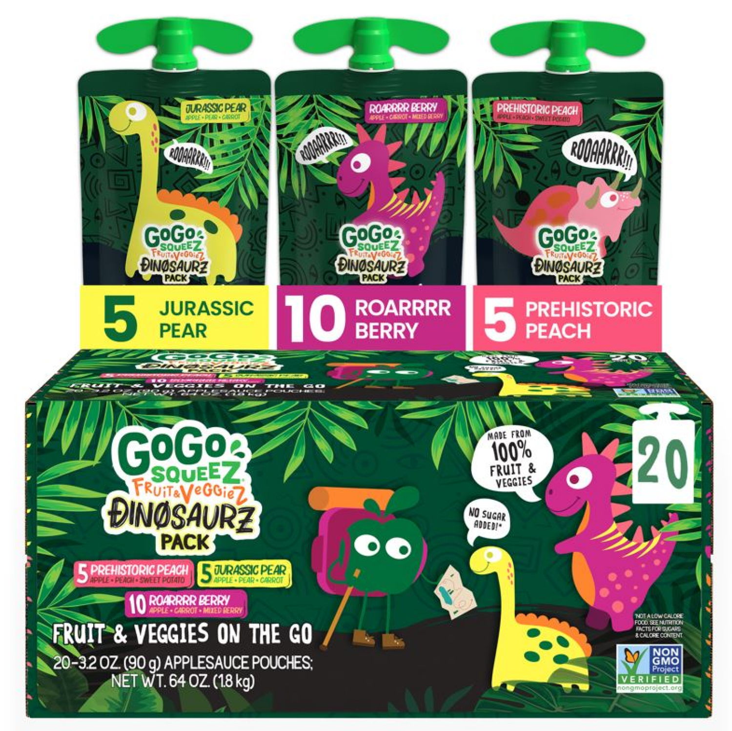 slide 1 of 8, GoGo Squeez 20 Pack Variety Pack Dinosaurz Pack Fruit & Veggies On the Go 20 ea - 20 ct, 20 ct