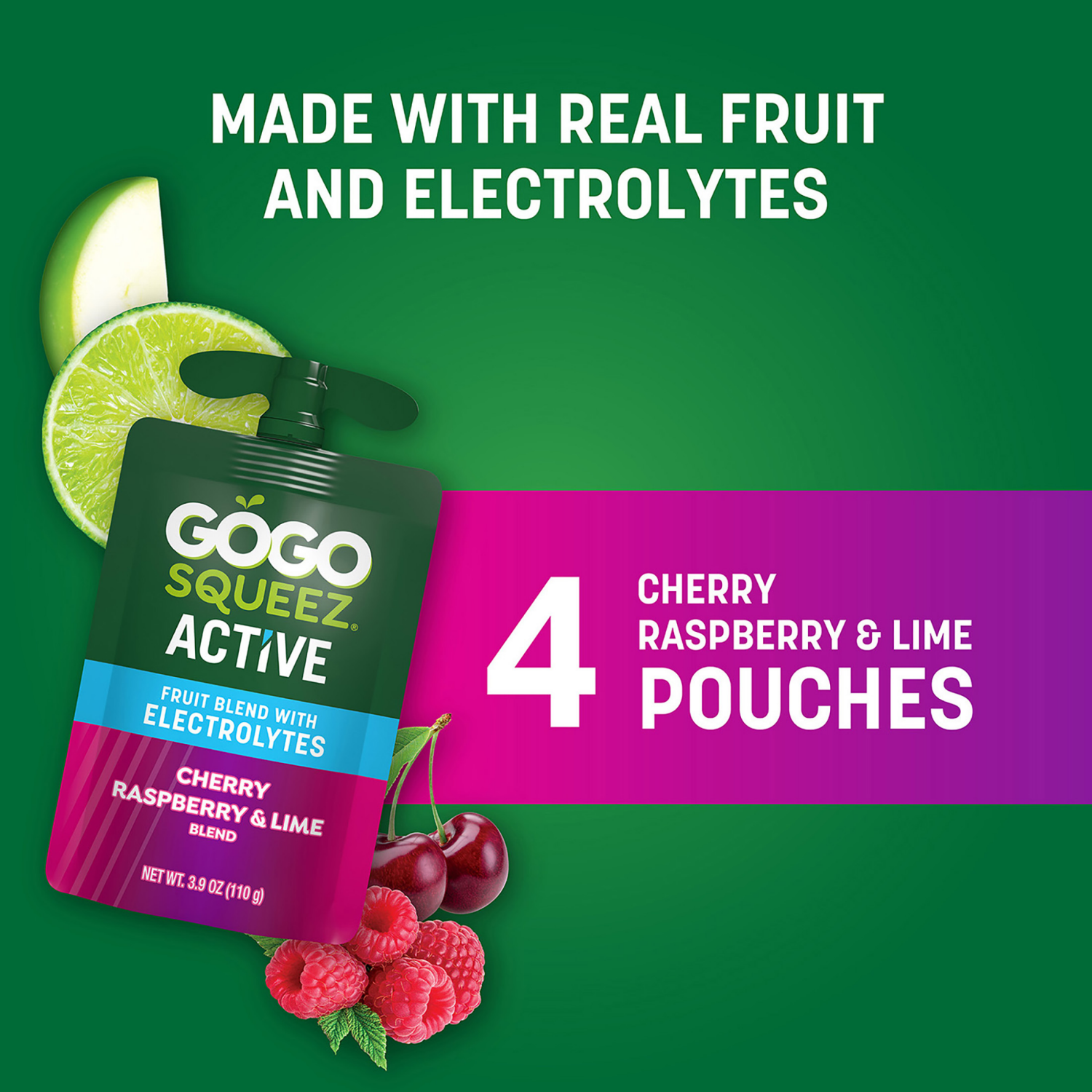 slide 2 of 8, GoGo squeeZ Cherry Raspberry & Lime Fruit Blend with Electrolytes 4 - 3.9 oz Pouches, 4 ct