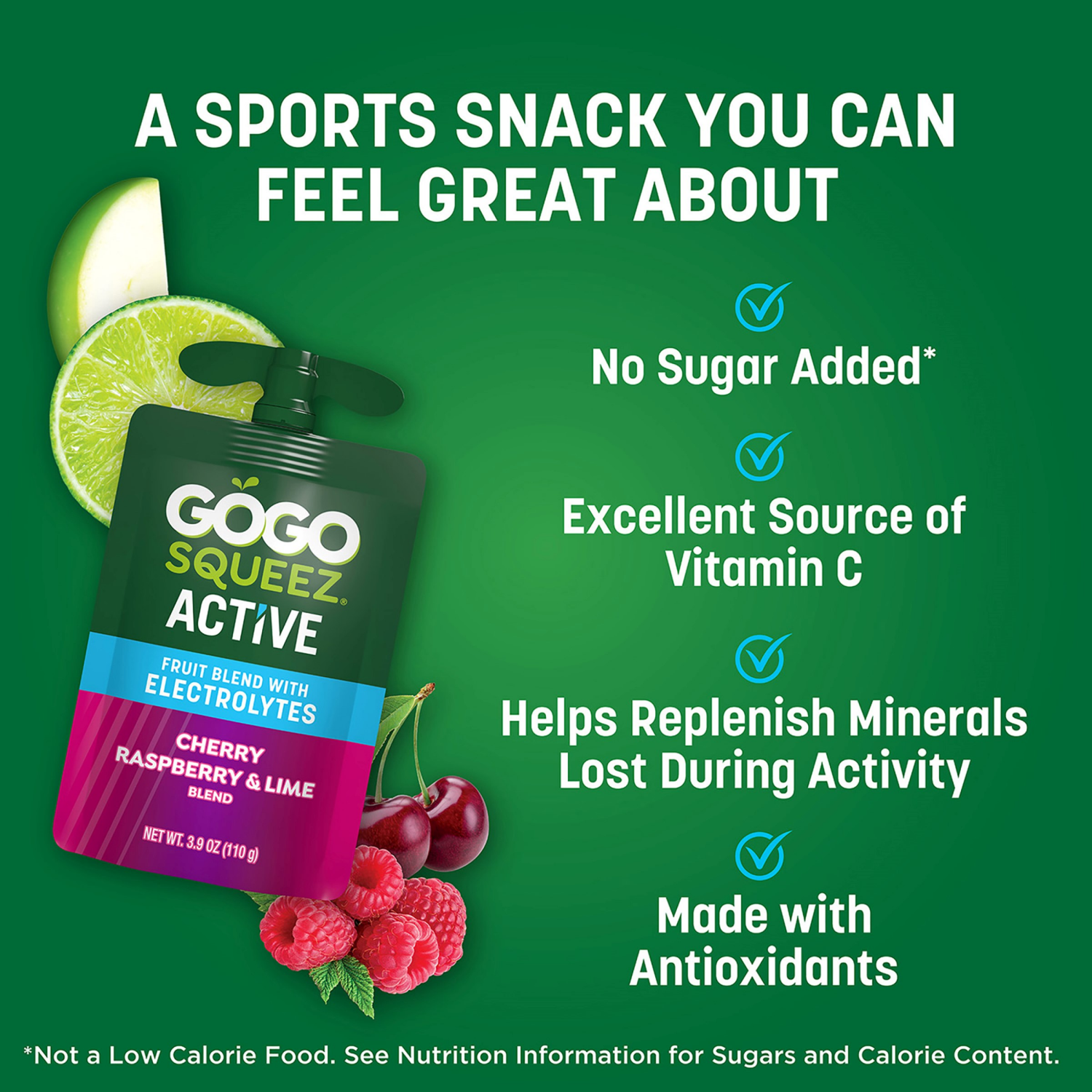 slide 5 of 8, GoGo squeeZ Cherry Raspberry & Lime Fruit Blend with Electrolytes 4 - 3.9 oz Pouches, 4 ct
