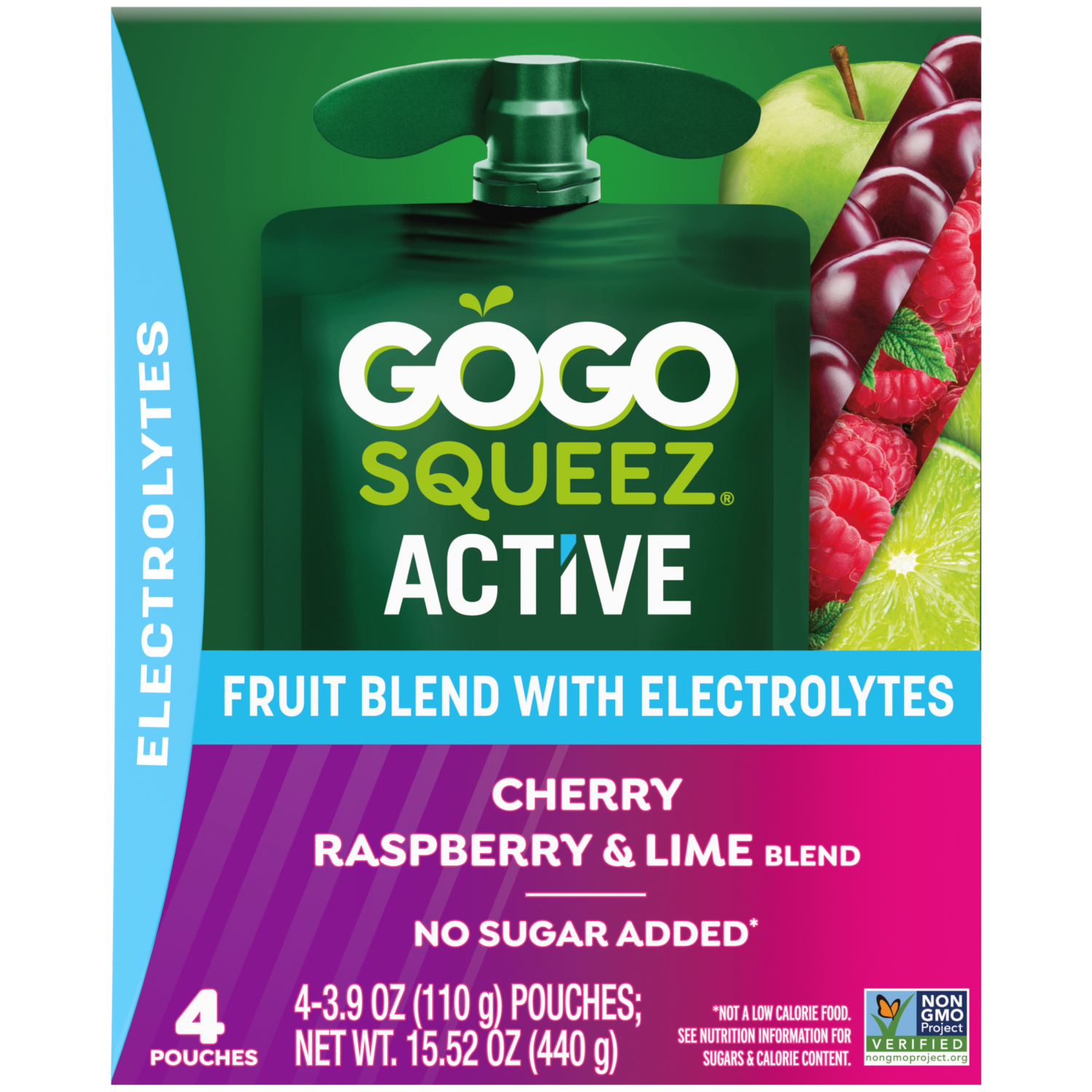 slide 1 of 2, GoGo squeeZ Cherry Raspberry & Lime Fruit Blend with Electrolytes 4 - 3.9 oz Pouches, 4 ct