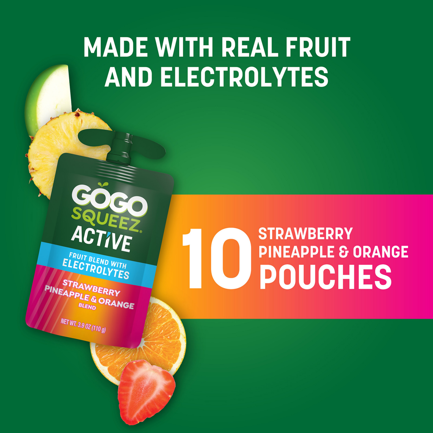 slide 4 of 7, GoGo squeeZ Strawberry Pineapple & Orange Fruit Blend with Electrolytes 10 ea, 10 ct