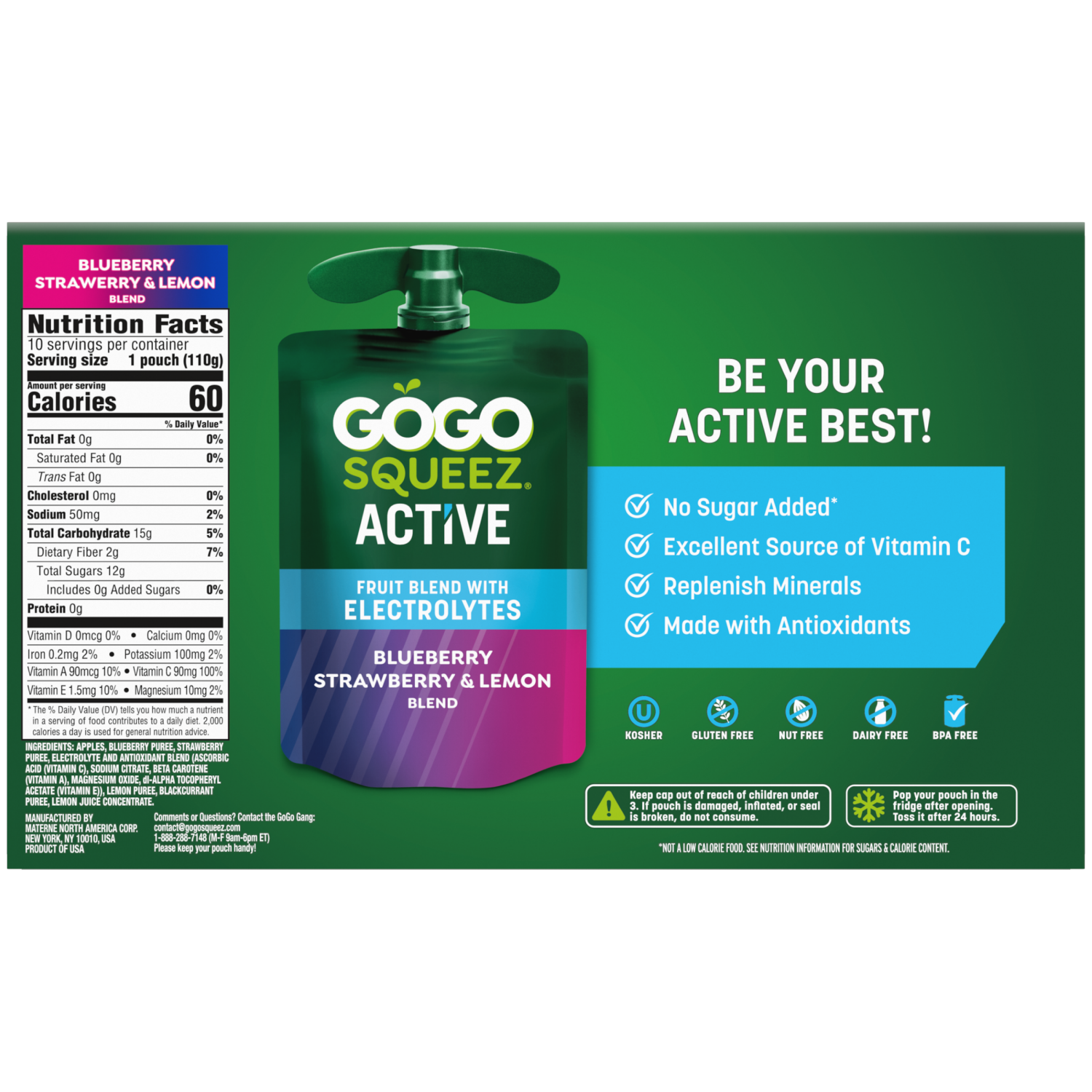 slide 2 of 8, GoGo squeeZ Blueberry Strawberry & Lemon Fruit Blend with Electrolytes 10 - 3.9 oz Pouches, 10 ct