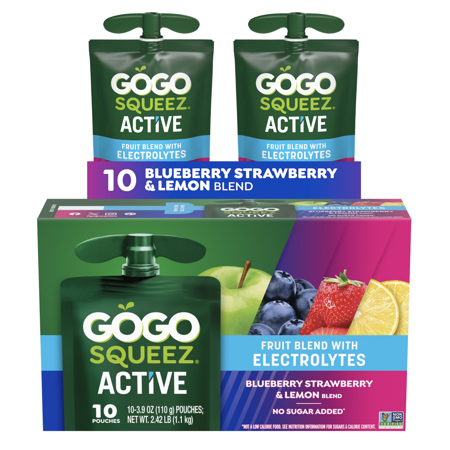 slide 1 of 8, GoGo squeeZ Blueberry Strawberry & Lemon Fruit Blend with Electrolytes 10 - 3.9 oz Pouches, 10 ct