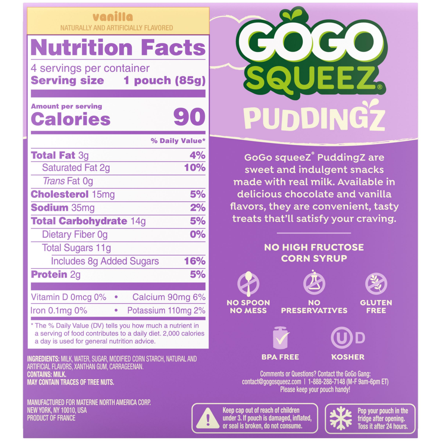slide 2 of 8, GoGo squeeZ Puddingz On-the-Go Vanilla Pudding Snack Pouches, 3 oz (4 Pack), 4 ct