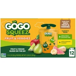 GoGo squeeZ Fruit & VeggieZ, Apple Pear Zucchini Lime & Apple Banana Parsnip, 12 ct