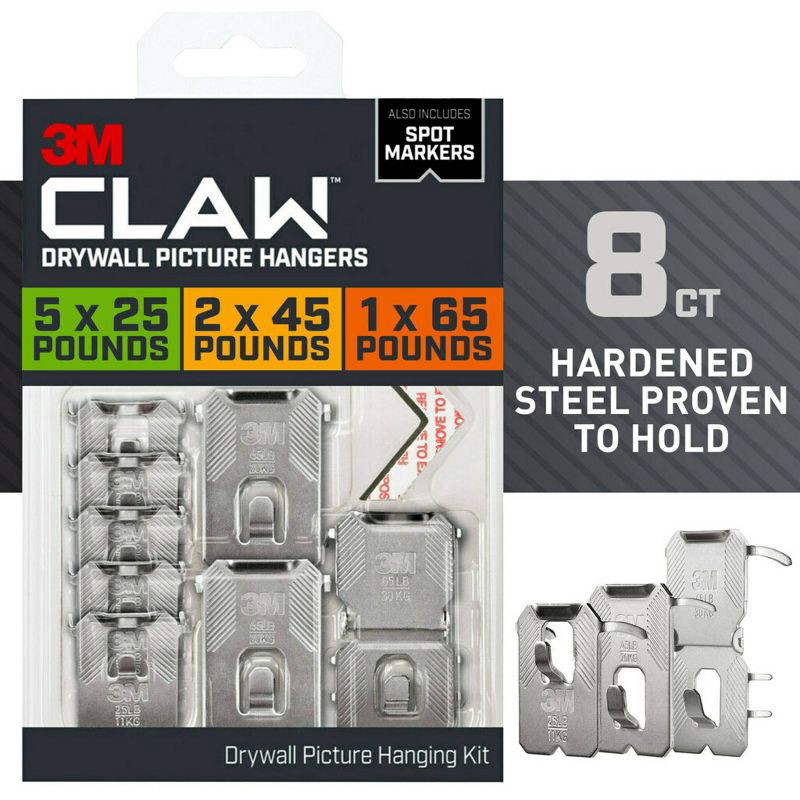 slide 3 of 14, 3M Claw Multi Weights Variety Pack: Steel Utility Hooks, 65 lb Capacity, 8 Pack, Gray, Drywall Picture Hanger, 65 lb, 8 ct