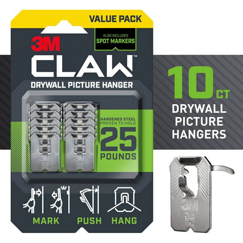 slide 3 of 13, 3M Claw 25IB Hooks Value Pack: Steel Utility Hooks, 25lb Capacity, Drywall Picture Hangers, Gray, 10 Pack, 25 lb, 10 ct