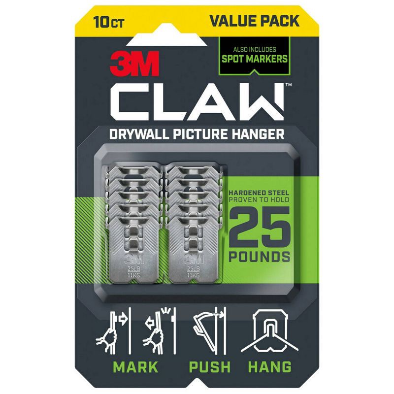 slide 1 of 13, 3M Claw 25IB Hooks Value Pack: Steel Utility Hooks, 25lb Capacity, Drywall Picture Hangers, Gray, 10 Pack, 25 lb, 10 ct