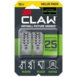 3M Claw 25IB Hooks Value Pack: Steel Utility Hooks, 25lb Capacity, Drywall Picture Hangers, Gray, 10 Pack