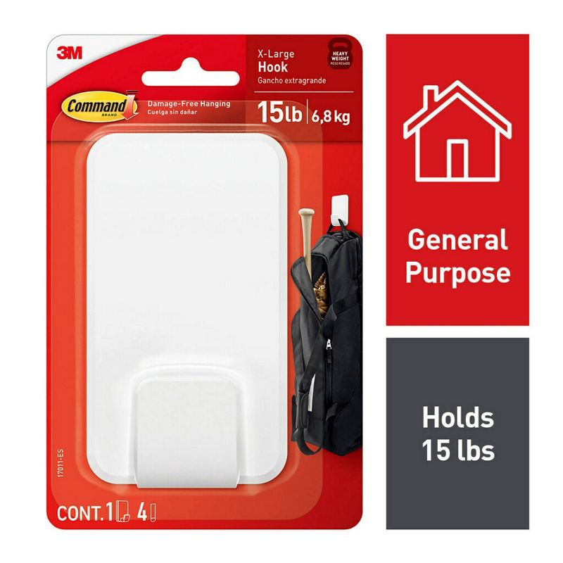 slide 2 of 11, Command Extra Large Single Hook: Heavy Duty Adhesive, Holds 15 lbs, Plastic, White, 1 Pack, 15 lb, 1 ct