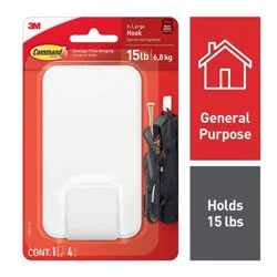 Command Extra Large Single Hook: Heavy Duty Adhesive, Holds 15 lbs, Plastic, White, 1 Pack