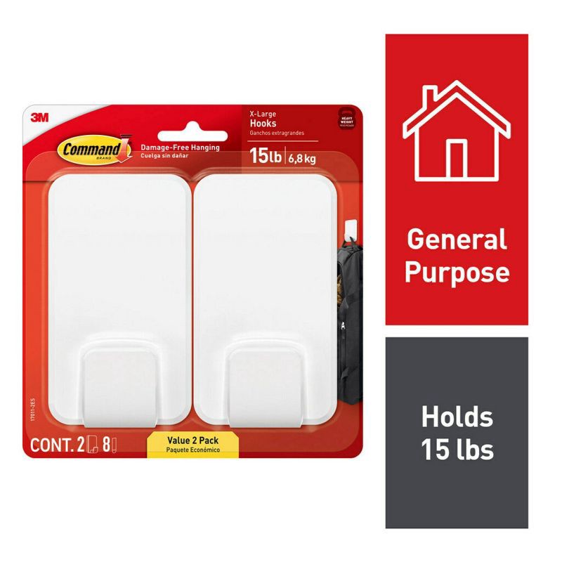 slide 17 of 17, Command Jumbo Double Hook: Heavy Duty Adhesive Hooks, 15 lb Capacity, White, 2 Pack, 15 lb, 2 ct