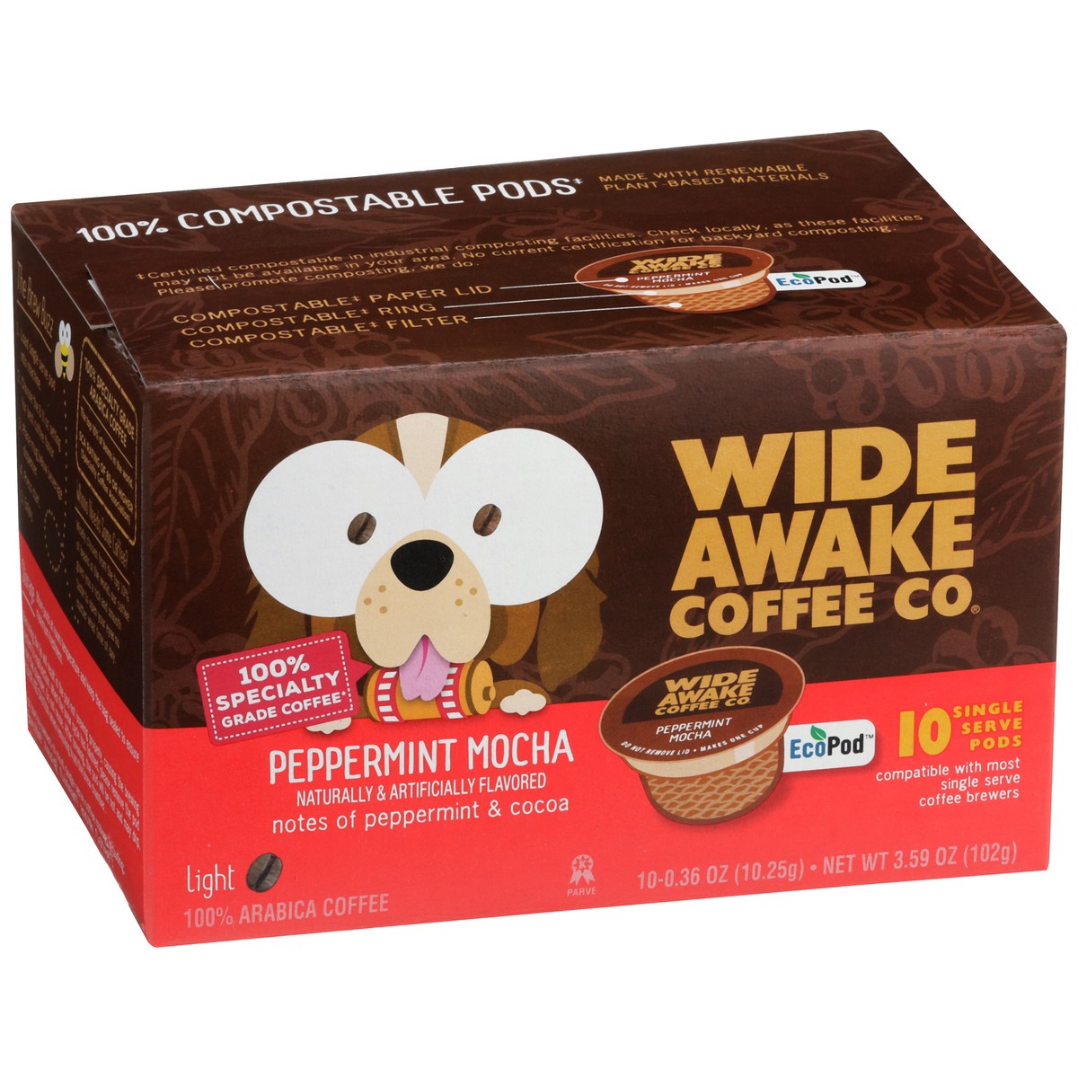 slide 5 of 11, Wide Awake Light Roast Peppermint Mocha 100% Arabica Coffee Single Serve Pods, 3.59 oz