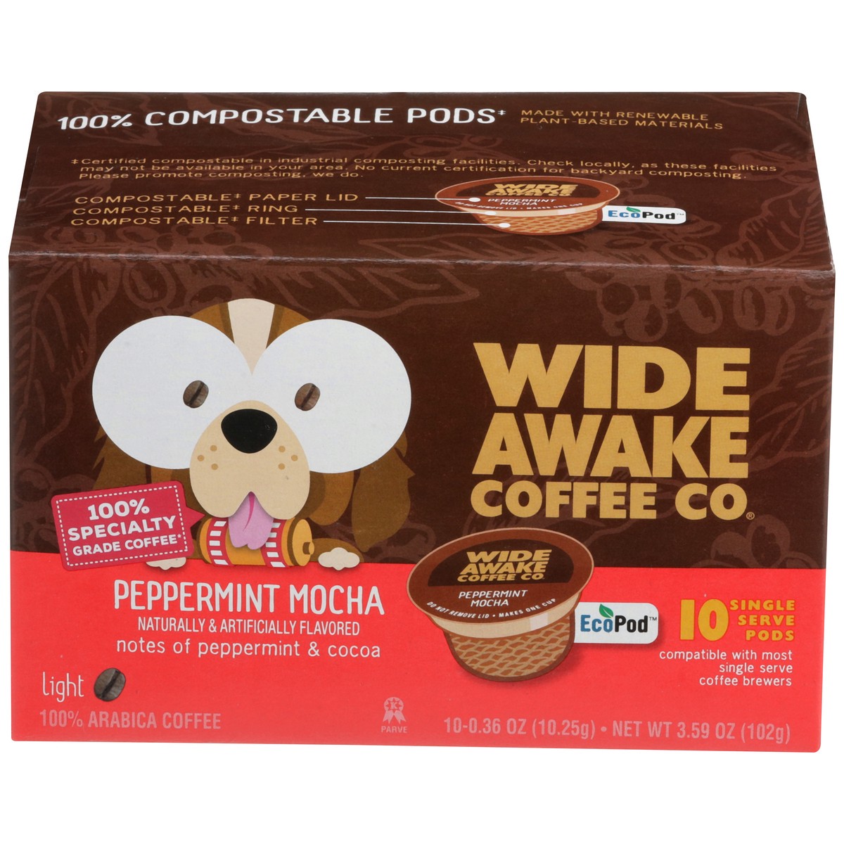 slide 1 of 11, Wide Awake Light Roast Peppermint Mocha 100% Arabica Coffee Single Serve Pods, 3.59 oz